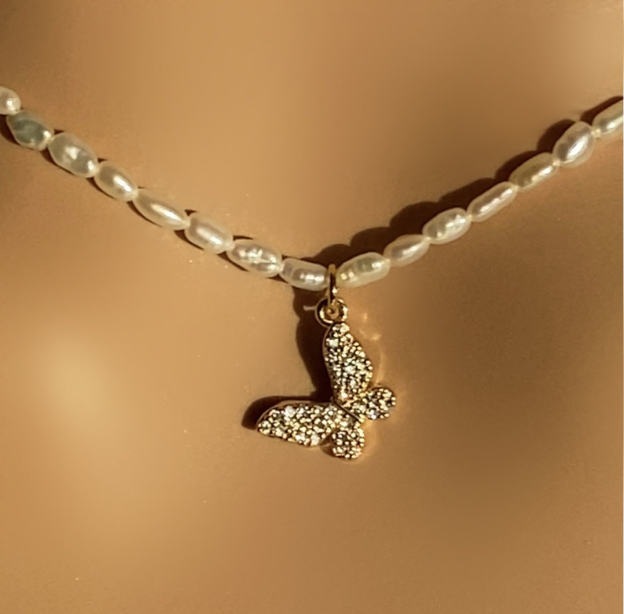 Swarovski Pavé Butterfly Pearl Necklace
