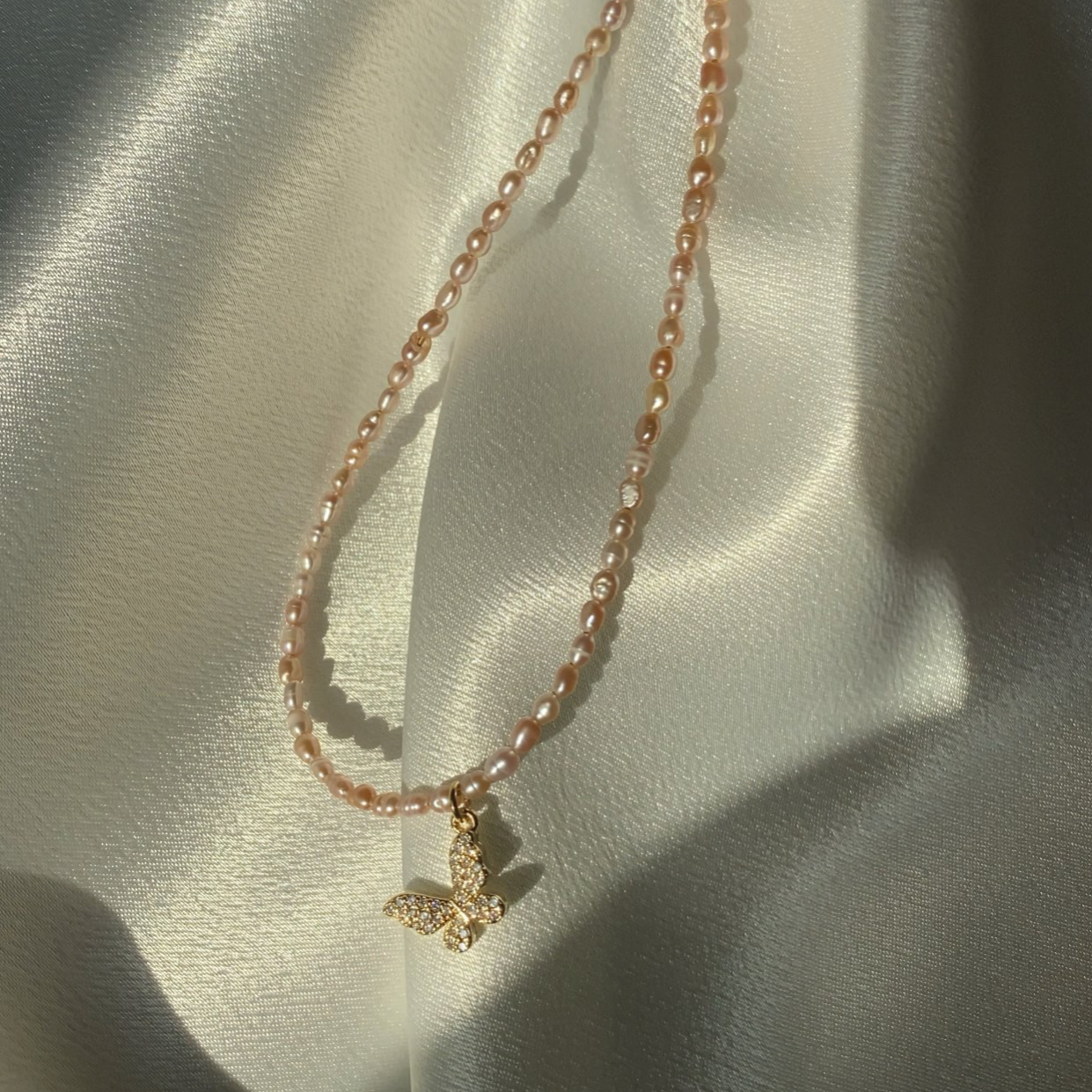 Pavé Butterfly And Pink Freshwater Pearl Necklace