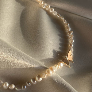 Gold Butterfly And Freshwater Pearl Necklace