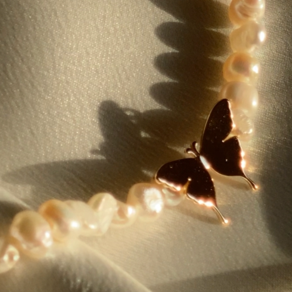 Gold Butterfly And Freshwater Pearl Necklace
