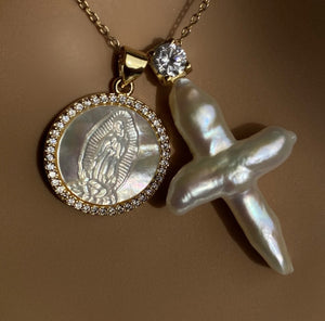 Layered Saint And Pearl Cross Necklace