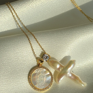 Layered Saint And Pearl Cross Necklace